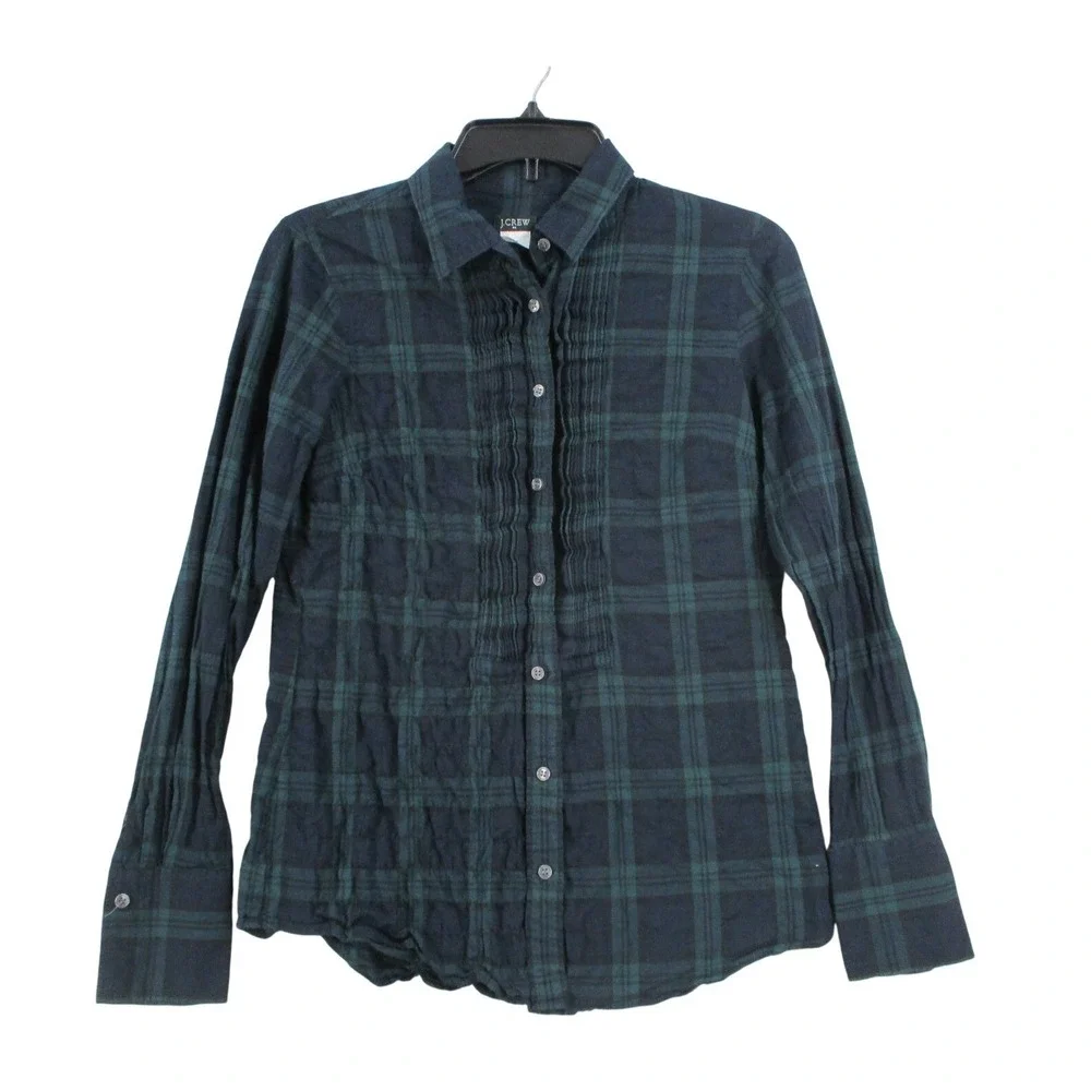 J. Crew Womens XS Black Watch Plaid Pintuck Pleated Button Down Shirt Navy Green